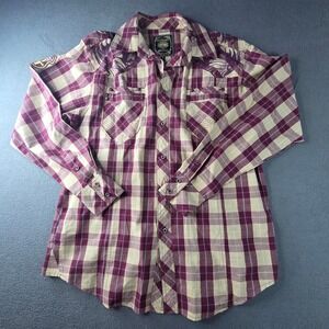 Live Mechanics Mens Large Maroon Plaid Graphic Button Down Shirt Long Sleeve Y2K